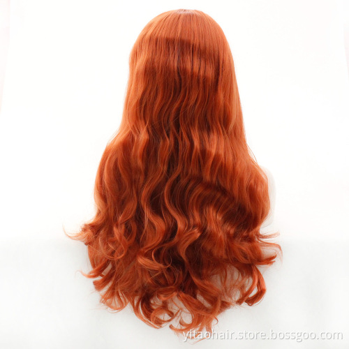 Wholesale price Ginger orange Long wave Synthetic Hair lace Wigs With Colorful  Pre-Plucked Big Factory Stock